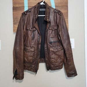 Rogue State Rustic Brown Utility Military Zip up Unisex Leather Jacket Medium